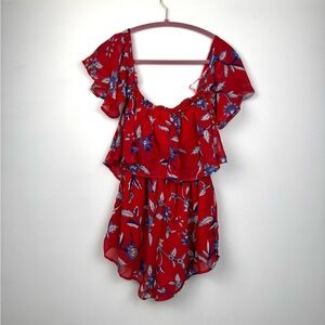 Red Floral Off Shoulder Romper Ruffle Boho Summer Dressy Women’s Size S